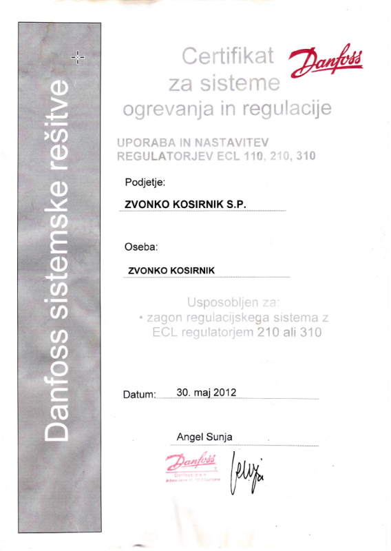 Danfoss certificate